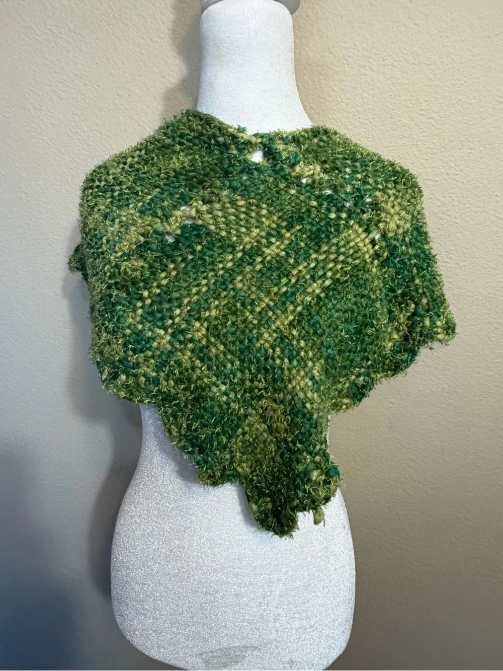 Reversible Hand-Knit Green Triangle Shawl.